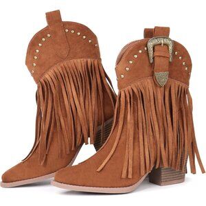Hawkwell Women Brown Fringe Cowgirl Snip Toe Pull On Dress Western Ankle Booties